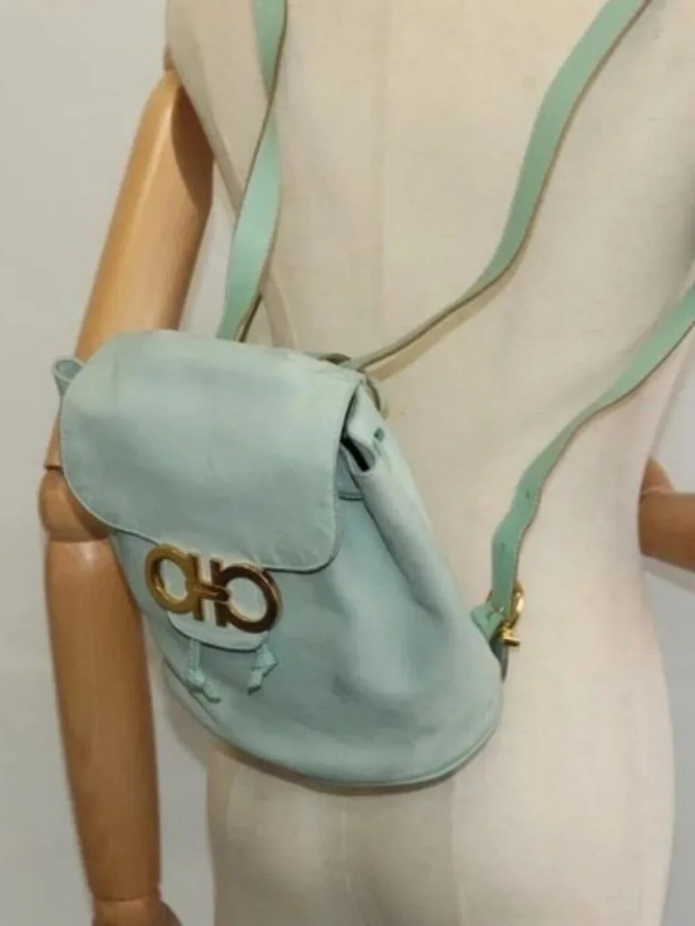 Salvatore Ferragamo Backpack Suede Peppermint Gold Auth 115402
